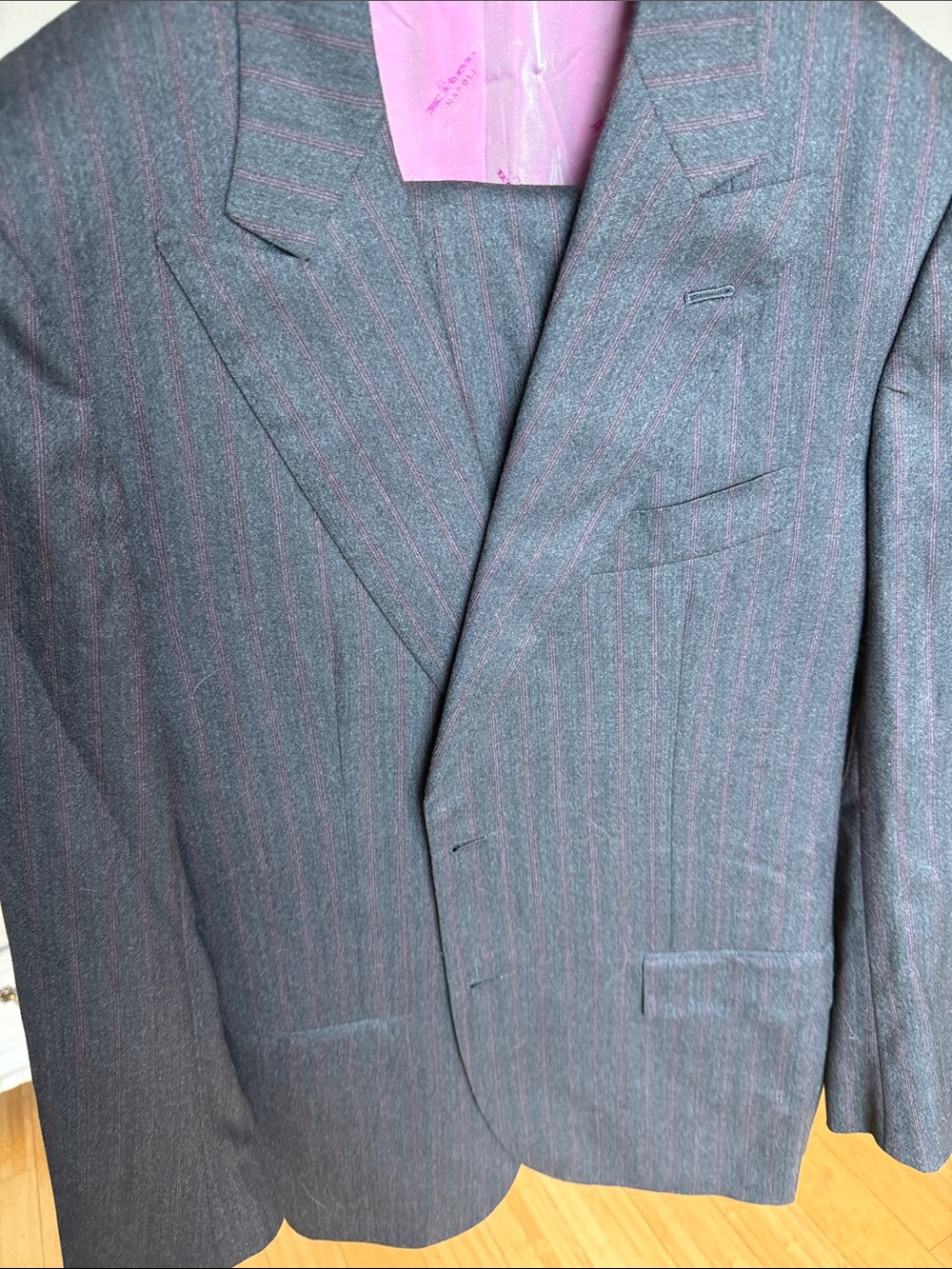 Kiton Gray Pinstripe Suit with Pink Stripe Detail EU48